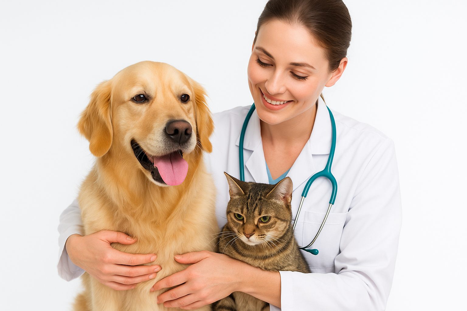 Veterinária sorridente com cachorro e gato